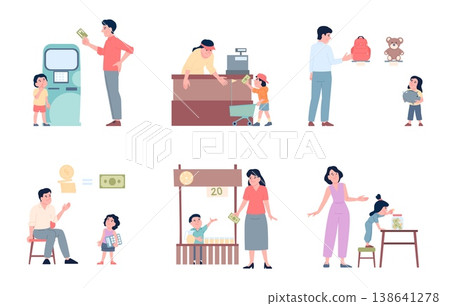 Children financial literacy. Adults teaching kids save and earn money. Commercial, finance and banking, working play process. People with coins and banknotes, recent vector set 138641278