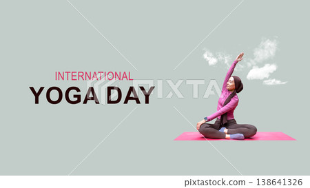 International Yoga Day featuring a Indonesian southeast asian muslim woman in a hijab practicing yoga seated on a mat, set against a simple background with clouds 138641326
