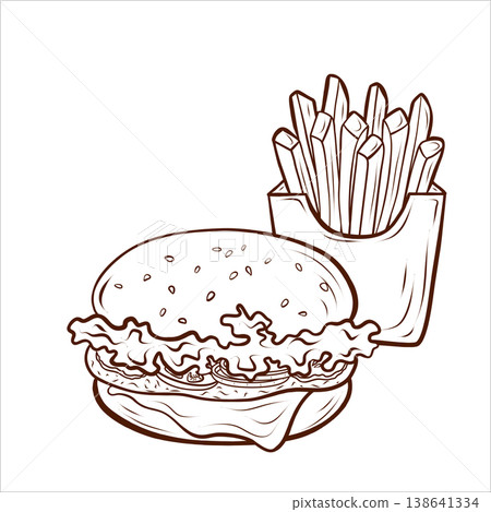 Burger with sesame bun and lettuce, served with french fries, drawn in detailed handdrawn line art vector style. Fast food illustration object isolated on white, perfect for menu design, packaging 138641334