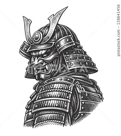 Japanese Samurai Warrior in Traditional Armor and Oni Mask, Engraving Style Vector Art Japanese Samurai Warrior in Traditional Armor and Oni Mask, Engraving Style Vector Art 138641456