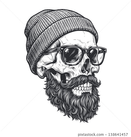 Hipster skull vector wearing beanie and glasses with thick beard for t-shirt design and streetwear Hipster skull vector wearing beanie and glasses with thick beard for t-shirt design and streetwear 138641457