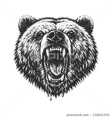 Aggressive Roaring Grizzly Bear Head, Angry Wild Animal Engraving Style 138641458