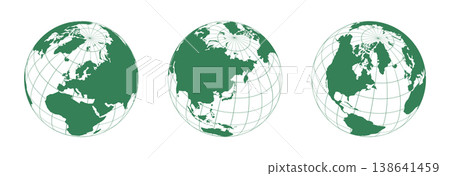 World map globes vector set with three different views of continents in green color and geographic grid for travel and business World map globes vector set with three different views of continents in green color and geographic grid for travel and business 138641459
