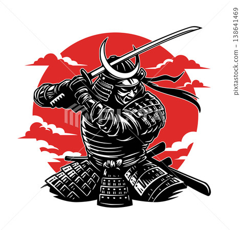 Japanese Samurai Warrior with Katana Sword and Red Sun Background. 138641469