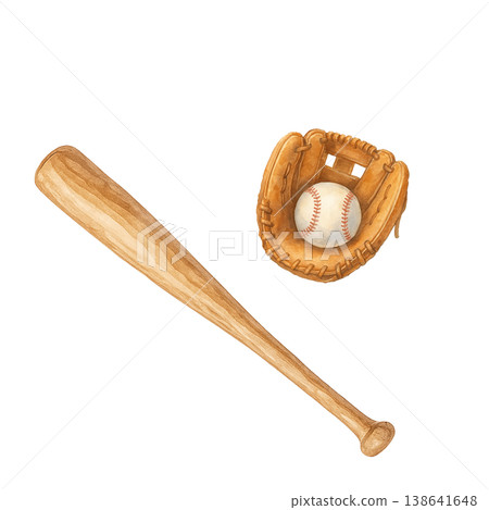 Wooden baseball bat and glove (watercolor illustration) 138641648