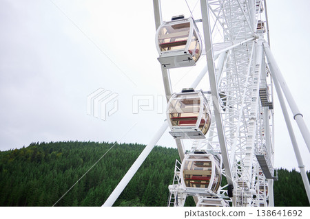 Large ferris wheel stands above green trees on a clear day during daytime in an amusement park setting Large ferris wheel stands above green trees on a clear day during daytime in an amusement park setting 138641692