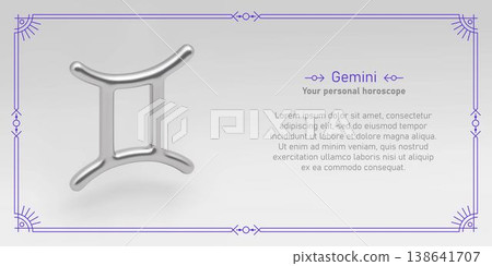 Gemini horoscope prediction. Monthly astrology forecast. 3D realistic silver zodiac sign, line frame and text about Gemini. Mystical vector design of yearly horoscope. 138641707