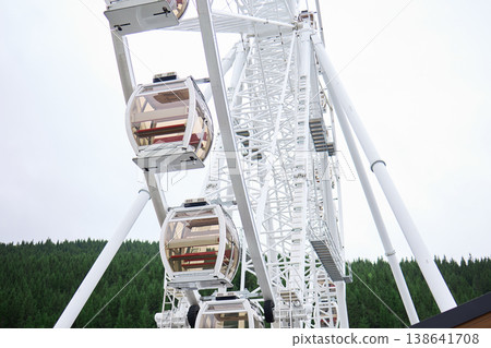 Large ferris wheel stands above green trees on a clear day during daytime in an amusement park setting Large ferris wheel stands above green trees on a clear day during daytime in an amusement park setting 138641708