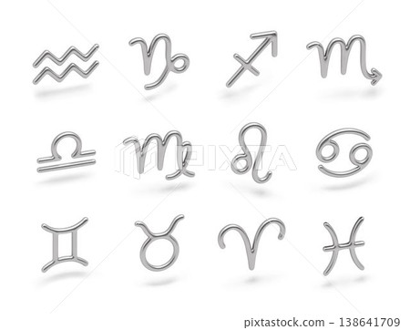 3D silver zodiac signs set isolated on white background. Star signs astrology horoscope. Realistic zodiac silver symbols. Astrological calendar collection, horoscope constellation vector illustration. 138641709