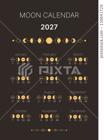 Lunar cycle planner for 2027. Lunar Phase Yearly Cycle Planner. Astrological planner, lunar cycles banner, poster, card. Astrology Lunar chart isolated on a black background. 138641728