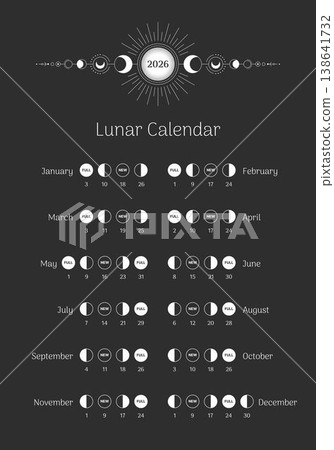 Lunar calendar for the year 2026. Monthly lunar cycle planner. Astrological lunar phases schedule and cycles banner, card vector illustration. The Lunar calendar is isolated on a black background. Lunar calendar for the year 2026. Monthly lunar cycle planner. Astrological lunar phases schedule and cycles banner, card vector illustration. The Lunar calendar is isolated on a black background. 138641732