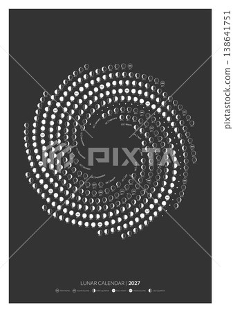 Spiral Lunar Cycle Calendar, 2027. Astronomy round dairy. Banner of the monthly cycle of the Moon. Vector illustration. The Lunar round calendar. Print ready poster With black background. Spiral Lunar Cycle Calendar, 2027. Astronomy round dairy. Banner of the monthly cycle of the Moon. Vector illustration. The Lunar round calendar. Print ready poster With black background. 138641751