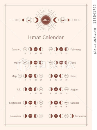 Lunar Astrology Calendar for 2026. Monthly lunar planner. Astrology lunar phase calendar banner, card, poster. Lunar phases calendar isolated on a white background, vector illustration. Lunar Astrology Calendar for 2026. Monthly lunar planner. Astrology lunar phase calendar banner, card, poster. Lunar phases calendar isolated on a white background, vector illustration. 138641763