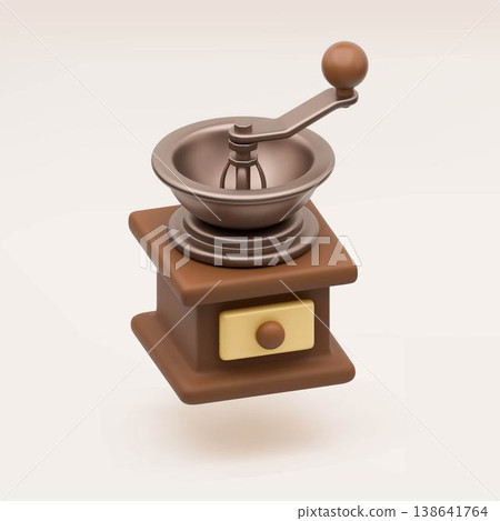 3D manual coffee grinder icon. Vector illustration of brown manual wooden mill with handle. Realistic concept for breakfast menu designs and beverage shop branding. Barista equipment 3D manual coffee grinder icon. Vector illustration of brown manual wooden mill with handle. Realistic concept for breakfast menu designs and beverage shop branding. Barista equipment 138641764