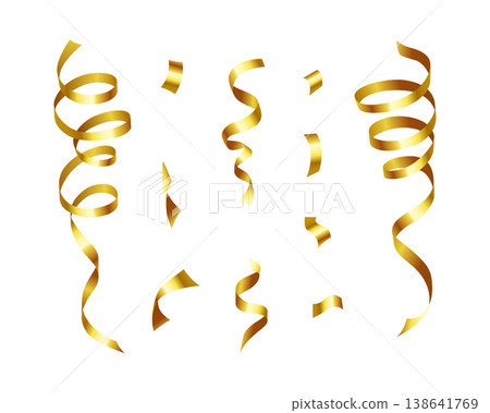 Set of realistic golden confetti and twisted ribbon objects. Shiny festive serpentine isolated. New year and Christmas luxury decoration. Anniversary celebration vector illustration. Set of realistic golden confetti and twisted ribbon objects. Shiny festive serpentine isolated. New year and Christmas luxury decoration. Anniversary celebration vector illustration. 138641769