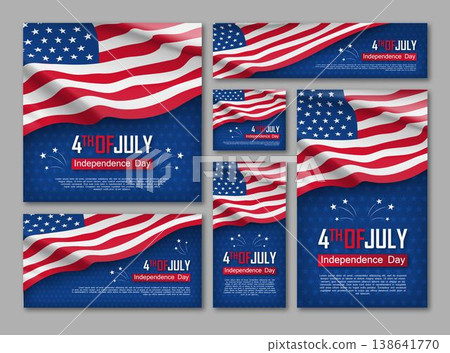 Independence day celebration banners set. 4th of july felicitation greeting cards with waving american national flag on blue background. USA country federal patriotic holiday. Vector illustration Independence day celebration banners set. 4th of july felicitation greeting cards with waving american national flag on blue background. USA country federal patriotic holiday. Vector illustration 138641770
