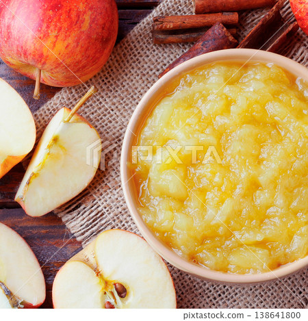 homemade apple sauce or apple puree in ceramic bowl over rustic wooden table. top view 138641800