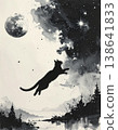 A sumi-e (ink painting) of a cat taking flight into the night sky 138641833
