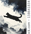 A sumi-e (ink painting) of a cat taking flight into the night sky 138641834