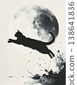 A sumi-e (ink painting) of a cat taking flight into the night sky 138641836