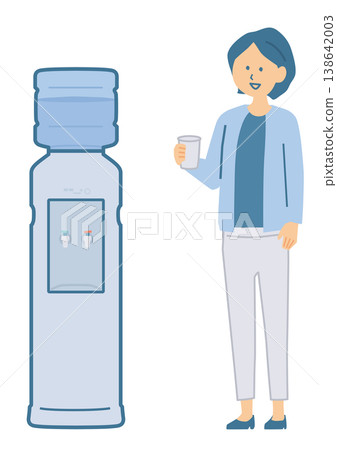 Illustration of a woman rehydrating with water from a water dispenser. Illustration of a woman rehydrating with water from a water dispenser. 138642003
