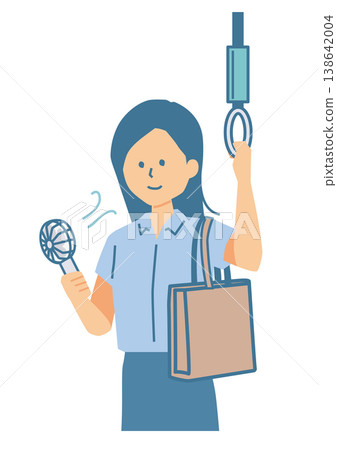 An illustration of a woman using a handheld fan on a commuter train. An illustration of a woman using a handheld fan on a commuter train. 138642004