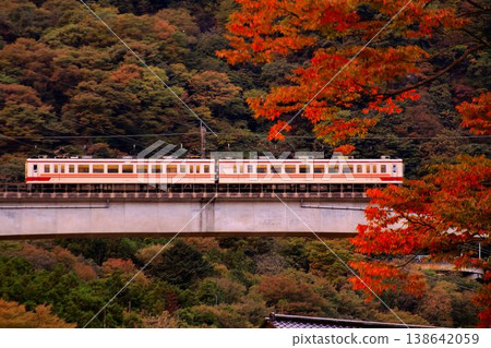 Crossing the autumn sky over the hot spring resort... A train journey to the vibrant autumn colors of Kawaji Onsen on the Yagan Railway [6050 series] 138642059
