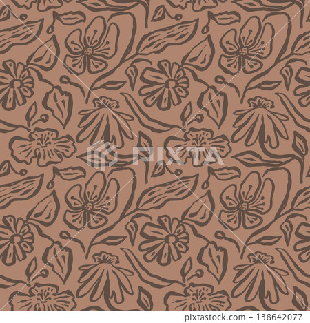 Brush strokes inky flowers brown seamless pattern Brush strokes inky flowers brown seamless pattern 138642077