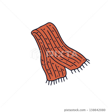 Hand drawn doodle knitted scarf icon. Line art woolen knitwear drawing 138642080