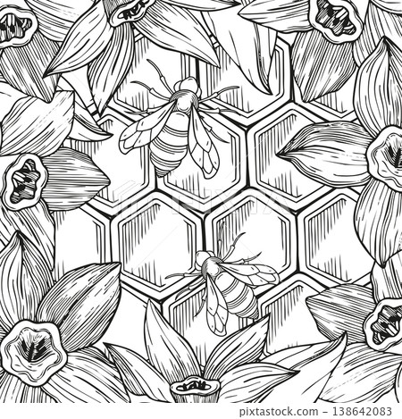Hand-drawn graphic detailed illustration of bees, honeycombs and vanilla flowers for packaging, healthcare products, medicine Hand-drawn graphic detailed illustration of bees, honeycombs and vanilla flowers for packaging, healthcare products, medicine 138642083