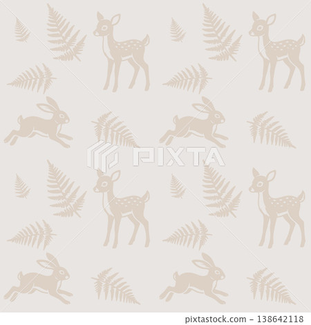 Forest Pattern  Deer Rabbit and Fern Leaves 138642118