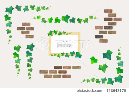 A set of hand-drawn style natural illustrations of bricks and ivy (vector version). 138642176