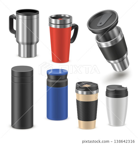 Realistic thermo cup. 3d tumbler mug mockup, travel thermos water coffee drink thermal stainless steel reusable flask insulated bottle metal straw lid garish vector illustration 138642316
