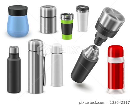 Realistic thermo container. Thermal bottle mockup, 3d thermos tumbler cup travel mug hot ice water container stainless flask coffee tea picnic bottles garish vector illustration 138642317