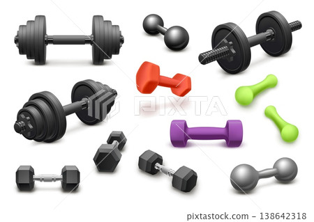 Realistic dumbbell. 3d dumbbells fitness gym workout muscle exercise weight equipment lifting weights barbell design weightlifting weightlifting isolated garish vector illustration 138642318