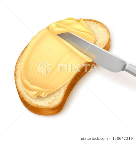 Realistic butter knife. Spread buttered bread toast, sandwich cut margarine curl slice creamy breakfast cooking food advertising template 3d isolated garish vector illustration 138642319