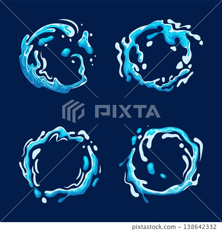 Water ring splash. Circular whirlpool wave swirl splashes, liquid round flow spray whirl blue frame abstract aqua logo sea ocean circle energy cartoon ingenious vector illustration 138642332