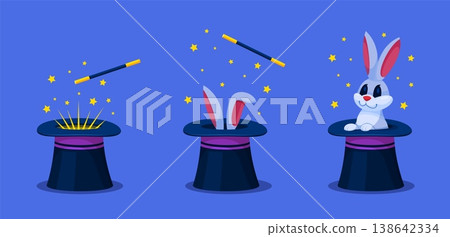 Rabbit magician cylinder. Magic hat with bunny, wizard trick hare ears in illusionist cap circus show wand illusion fantasy appear animal surprise qualitative vector illustration 138642334
