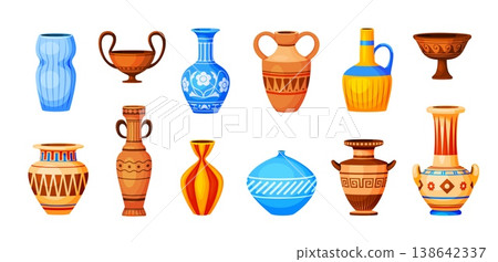 Cartoon ceramic vases. Clay pottery, earthenware porcelain vessel jug pot bowl, antique classic old or modern decorative floral pitcher urn jar set qualitative vector illustration 138642337