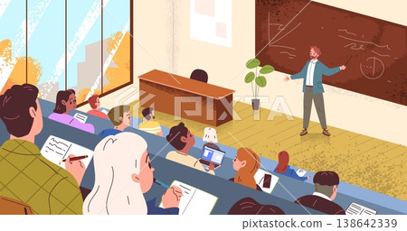 Teacher lecture auditorium. University professor teaching student class hall room, college learning students at desk classroom school lesson education classy vector illustration Teacher lecture auditorium. University professor teaching student class hall room, college learning students at desk classroom school lesson education classy vector illustration 138642339