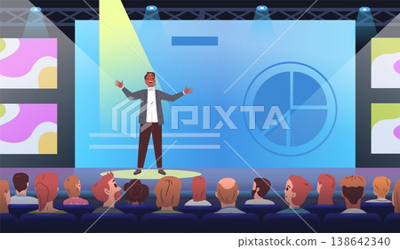 Speaker presentation product. Founder company speech podium stage, personal growth coach lecture corporate business training seminar audience auditorium classy vector illustration 138642340