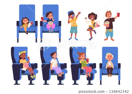 Children cinema theater. Kids on movie theatre seat red chairs watching film, eating popcorn excited child cartoon characters school boy girl audience, classy vector illustration Children cinema theater. Kids on movie theatre seat red chairs watching film, eating popcorn excited child cartoon characters school boy girl audience, classy vector illustration 138642342