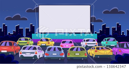 Drive cinema theater. Drive-in movie outdoor parking, lot car at classic retro film screen screen night festival automobile watching city entertainment classy vector illustration Drive cinema theater. Drive-in movie outdoor parking, lot car at classic retro film screen screen night festival automobile watching city entertainment classy vector illustration 138642347