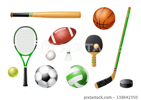 Realistic sport club equipment. Tennis rackets, baseball bats soccer balls football hockey sticks volleyball ball rugby 3d items racquet puck golf set exact vector illustration 138642350