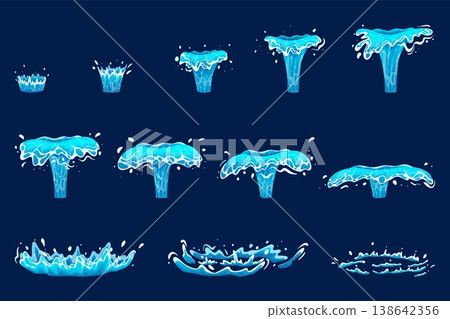 Water splash animation. Liquid crown motion effect, sea wave sprite sheet ocean blast drop splashes fx sequence frames ripple spray cartoon game asset ingenious vector illustration 138642356