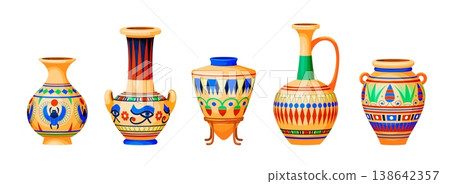 Egyptian pottery. Ancient egypt jar, nubian handcrafted vase traditional folklore urn amphora golden hieroglyph pharaoh decoration museum, cartoon qualitative vector illustration 138642357