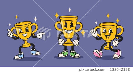 Trophy cartoon characters. Winner golden cup cartoon retro groovy character, sport competition win mascot awards ceremony prize funny face hands legs, neat vector illustration 138642358