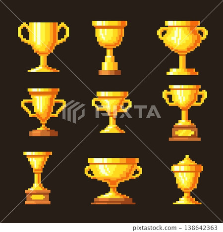 Pixel trophy cups. Retro video game awards, 8 bit golden cup winner champion reward old arcade assets champ best achievement sport victory vintage ui icons neat vector illustration Pixel trophy cups. Retro video game awards, 8 bit golden cup winner champion reward old arcade assets champ best achievement sport victory vintage ui icons neat vector illustration 138642363
