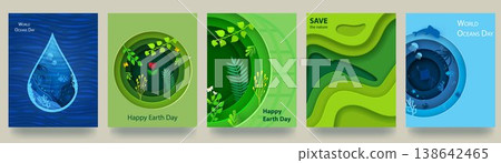 A set of Earth and Ocean Day posters. Let s save the Earth and the ocean in paper cut style. A set of Earth and Ocean Day posters. Let s save the Earth and the ocean in paper cut style. 138642465