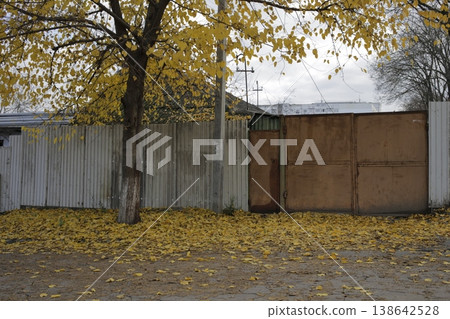 Old rusty gates on an autumn street. Old rusty gates on an autumn street. 138642528